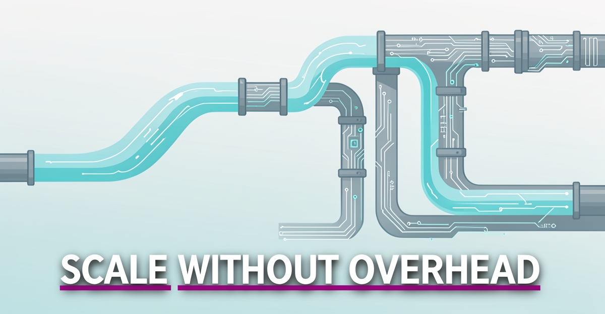 A modern flat illustration of an irrigation system merging into digital AI lines, symbolizing smart automation for irrigation dealers scaling without hiring overhead.