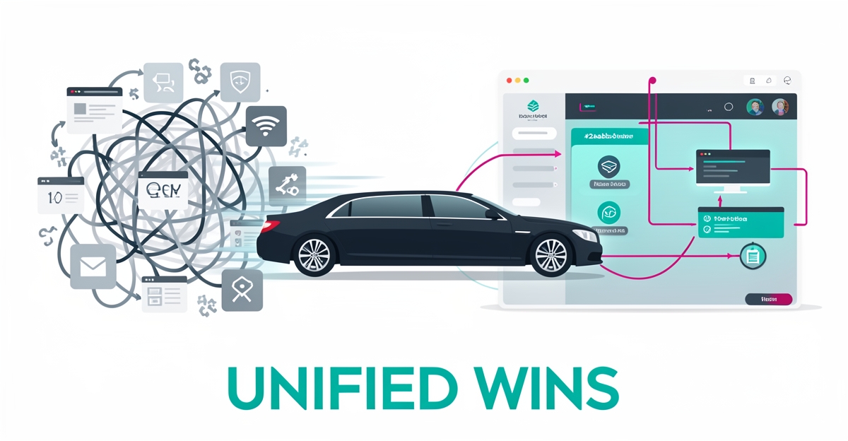 Flat illustration showing fragmented digital tools transforming into unified platform for limousine business with brand color accents.