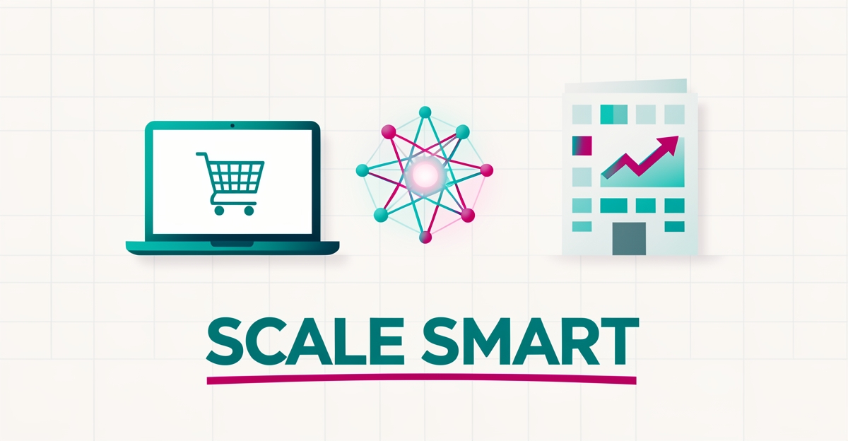 Flat illustration of a balance scale weighing an in-house laptop and agency building against an AI network, symbolizing scalable e-commerce choices.