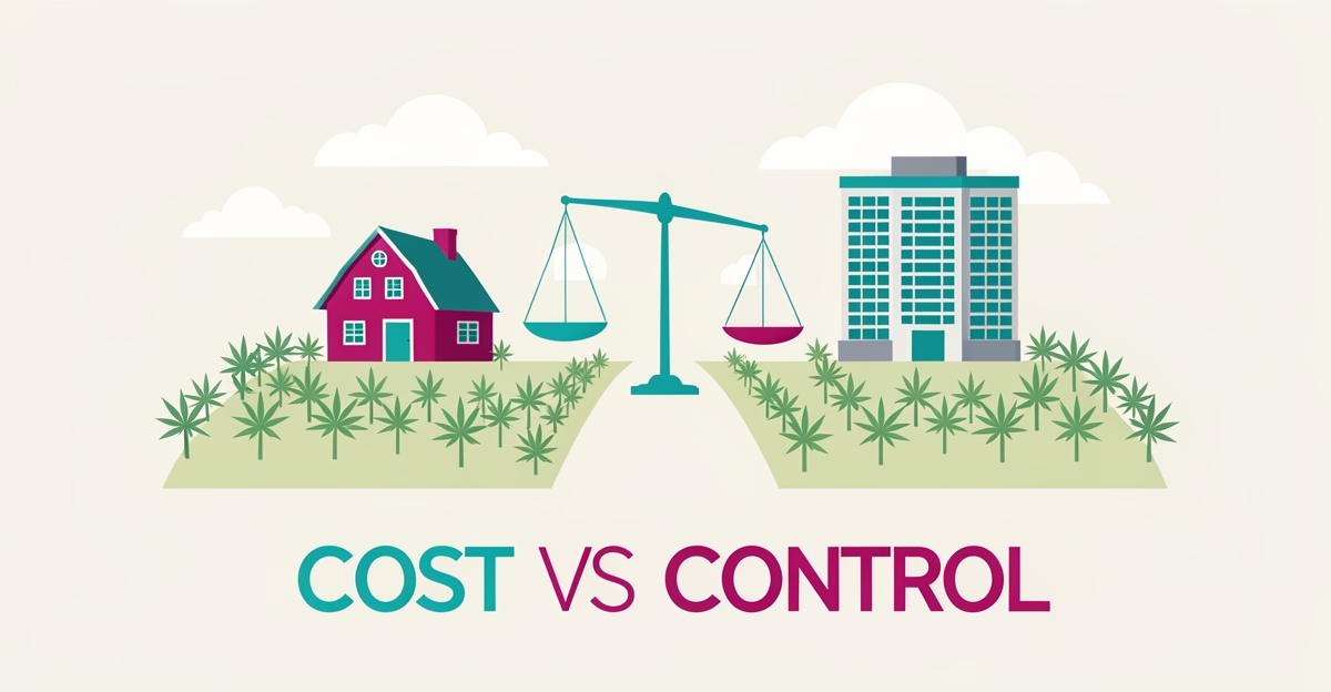 Flat illustration of a hemp farm split between in-house farmhouse and agency building on a balance scale, with headline Cost vs Control.