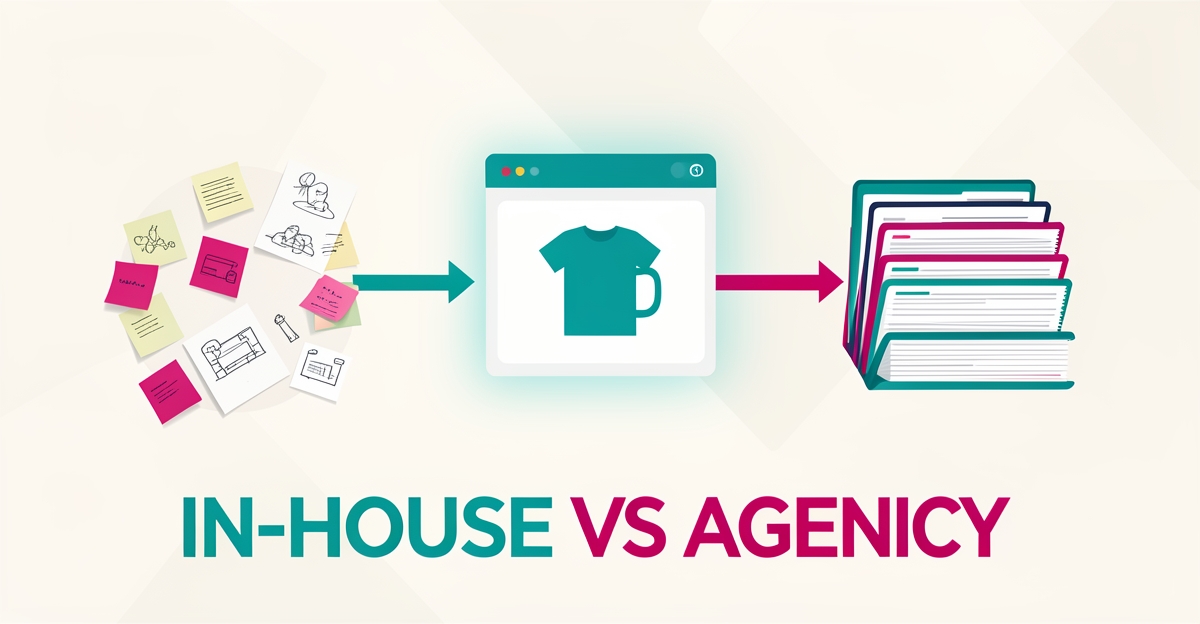 Flat illustration of in-house and agency design workflows merging into one centralized promo product dashboard, teal and magenta accents.