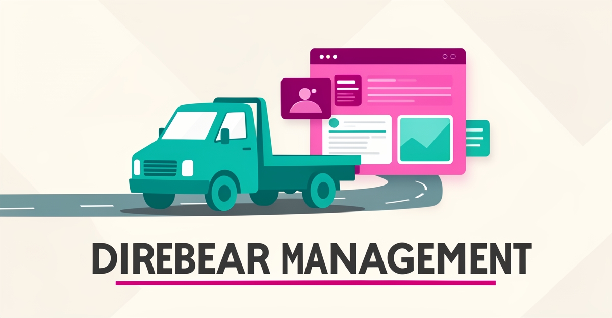 Flat illustration of a teal tow truck driving toward floating website and UI panels with magenta accents, symbolizing digital presence management.