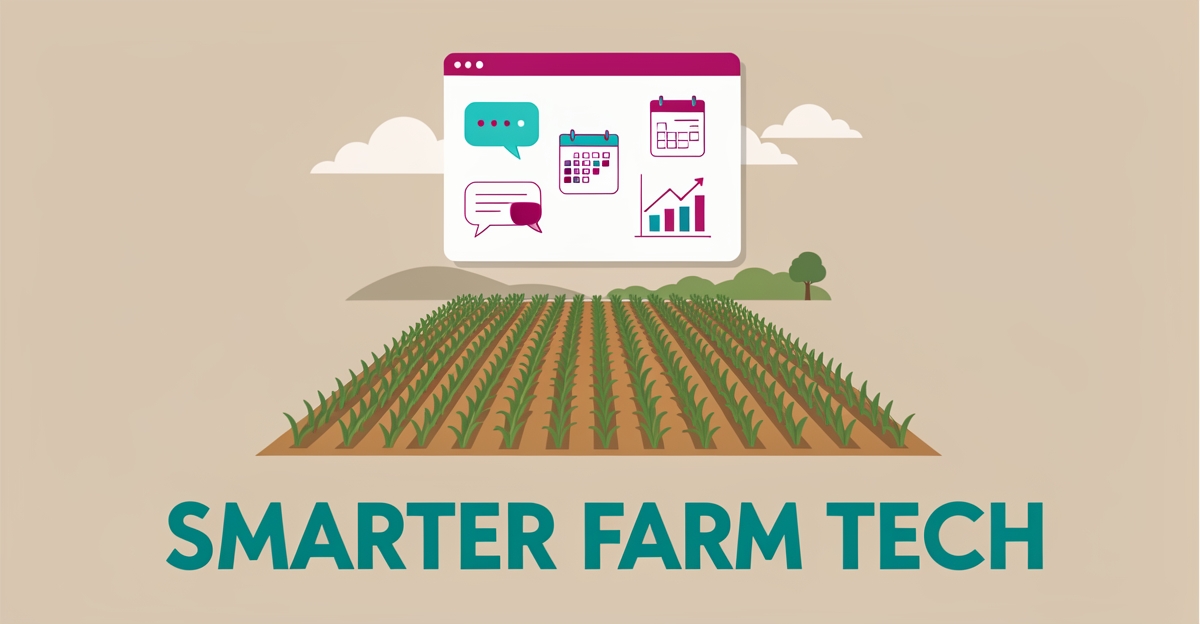 Flat illustration of a crop field with floating digital operations icons in teal and magenta, headlined Smarter Farm Tech.