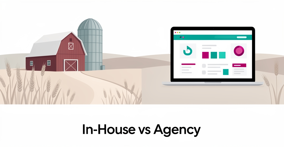 Flat illustration of a farm with silo beside a laptop dashboard, symbolizing the in-house versus agency marketing choice for agricultural co-ops.