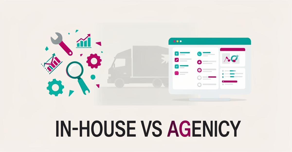 Flat illustration comparing fragmented in-house marketing tools with a unified agency dashboard for fleet repair digital presence, teal and magenta accents.