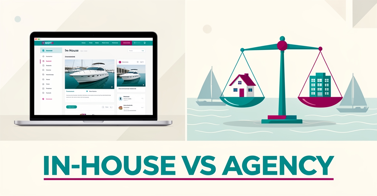 Flat illustration comparing in-house and agency website management for a boat dealership, with marina scenery and teal and magenta accents.
