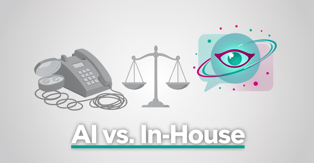 Flat illustration comparing traditional in-house customer service tools with AI-powered chatbot support for contact lens practices.