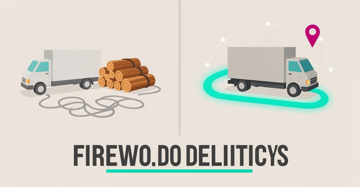 Flat illustration comparing tangled manual firewood delivery routes with optimized AI-driven routing in teal and magenta accents.
