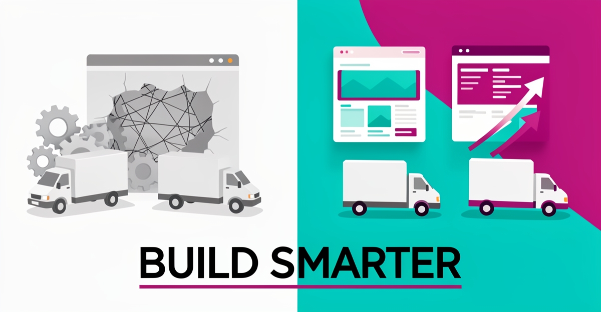 Flat illustration contrasting a tangled in-house website build with a sleek AI-driven fleet website in teal and magenta, headlined Build Smarter.
