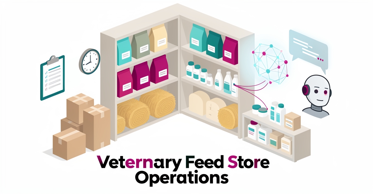 Flat illustration comparing AI-driven and in-house operations for a small veterinary feed store with inventory and automation icons.