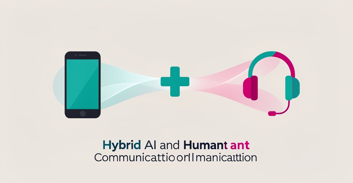 Flat illustration of AI and human communication channels merging into hybrid patient care for a bariatric practice.
