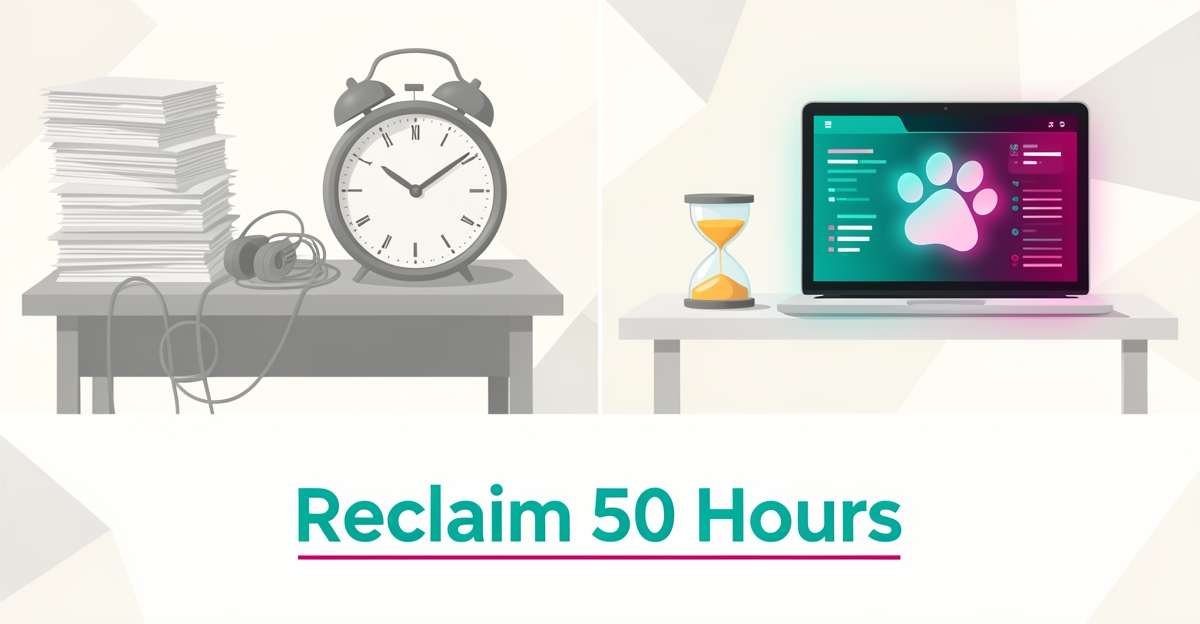 Flat illustration contrasting a cluttered manual admin desk with an automated AI dashboard, accented in teal and magenta, with headline Reclaim 50 Hours.