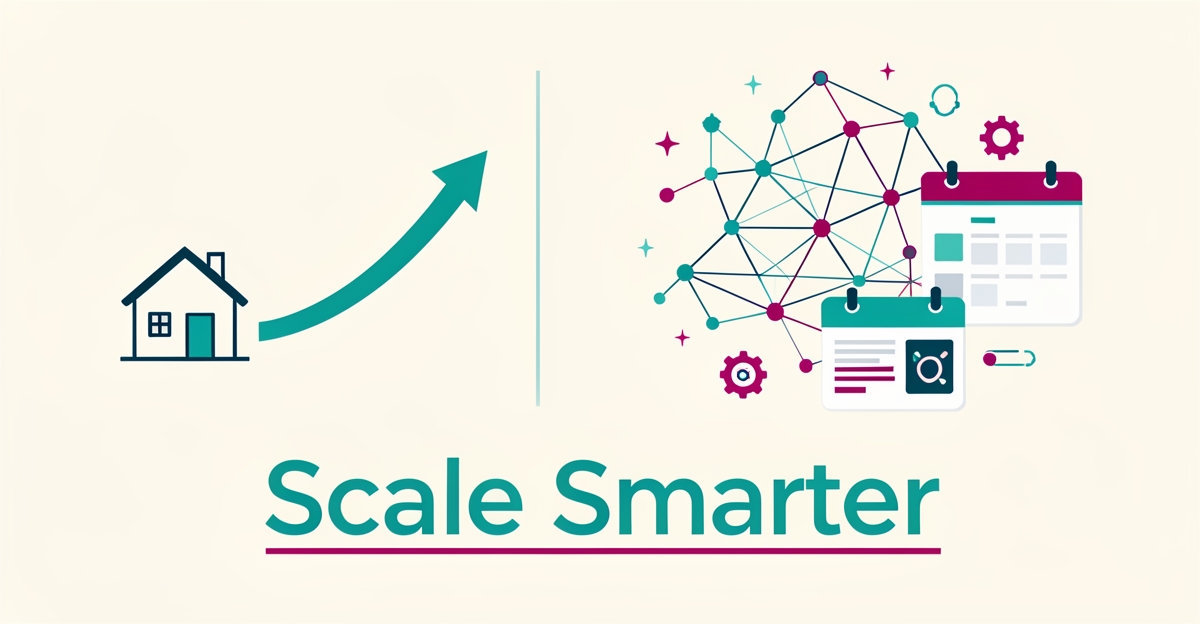Flat illustration comparing a simple house layout with an AI-driven digital network of booking and growth icons in teal and magenta accents.