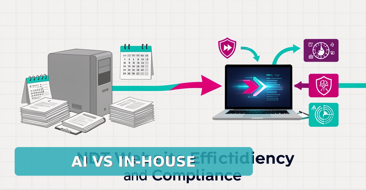 Flat illustration comparing slow in-house website build versus fast AI-driven site for small NDT teams with compliance and cost accents.