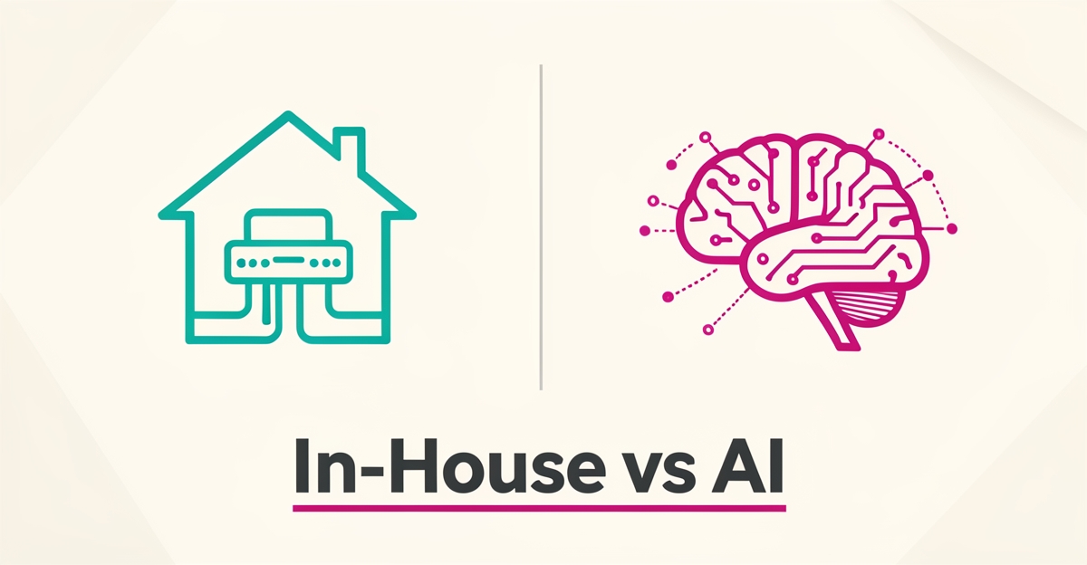 Flat illustration comparing in-house website management and AI-driven solutions for small network installers, with teal and magenta brand accents.