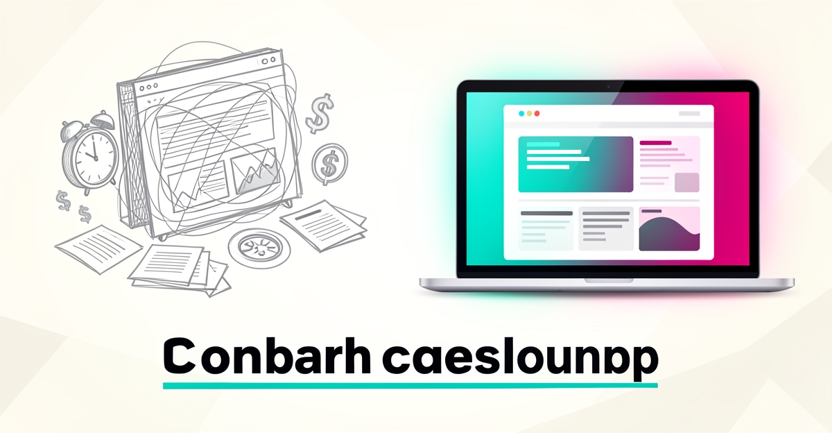 Flat illustration comparing a tangled hand-drawn website wireframe against a sleek glowing AI-built website, accented in teal and magenta.