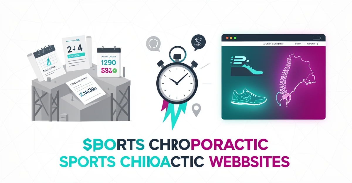 Flat illustration comparing slow costly in-house website build versus fast AI-driven site for Nova Scotia sports chiropractors.