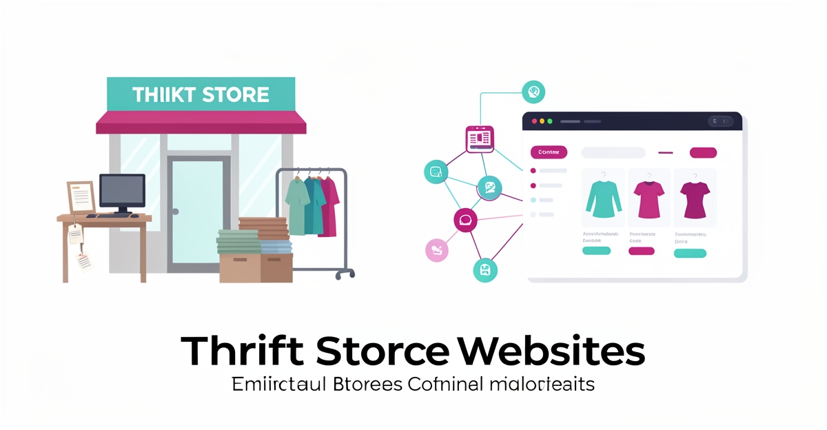 Flat illustration comparing manual in-house thrift store website versus AI-driven automated online resale system with teal and magenta accents.
