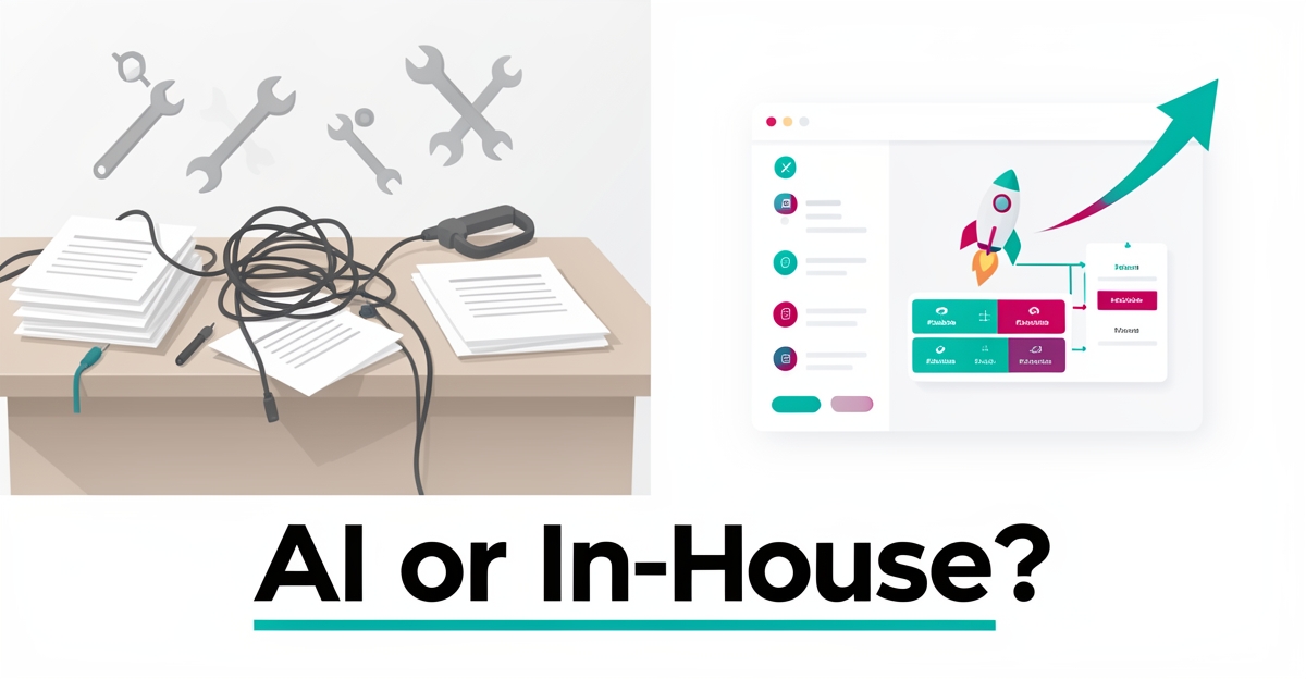 Flat illustration comparing cluttered in-house website management tools with a streamlined AI-driven platform dashboard for business growth.