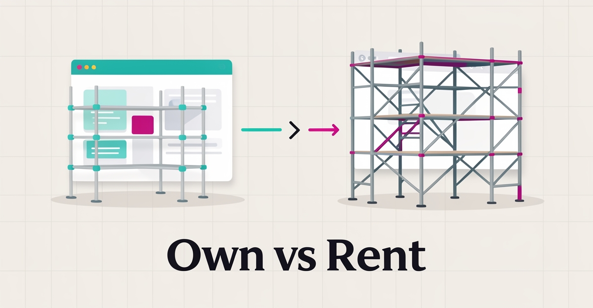 Flat illustration comparing AI website builder versus custom scaffolding firm site with cost and speed visual metaphors.