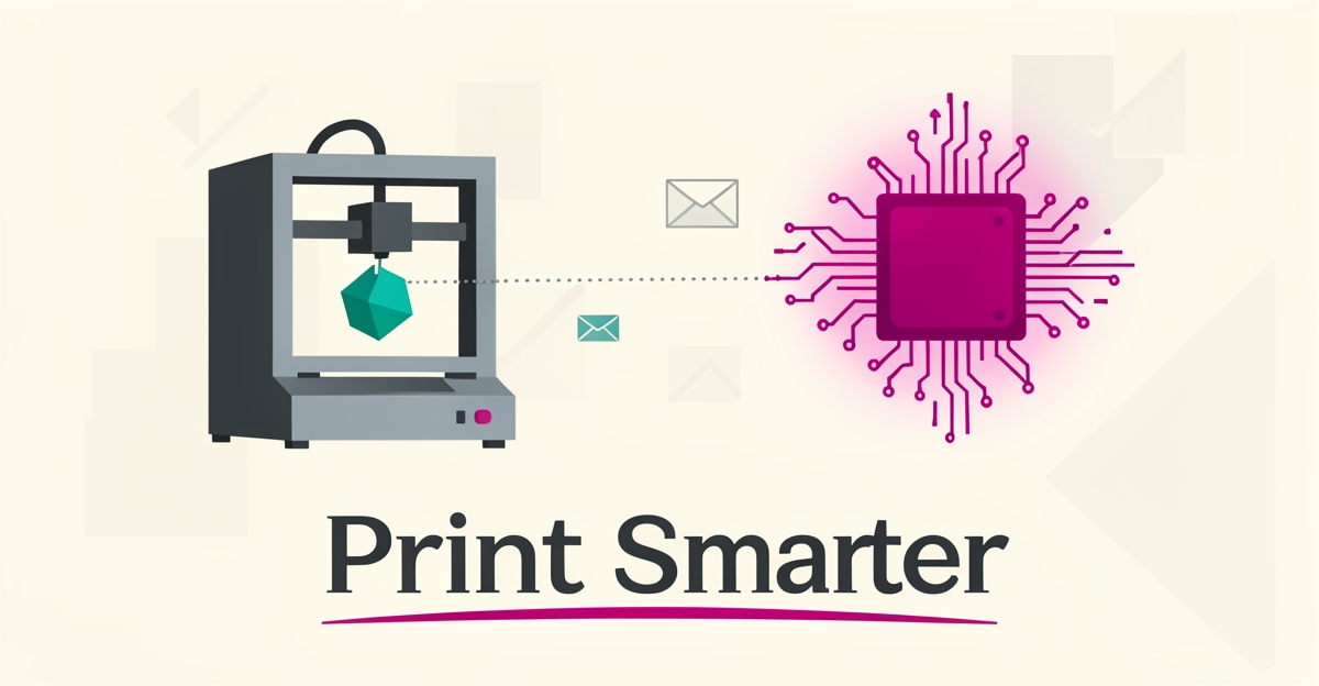 Flat illustration of a 3D printer connected to an AI circuit node, symbolizing AI-driven websites for 3D printing bureaus.