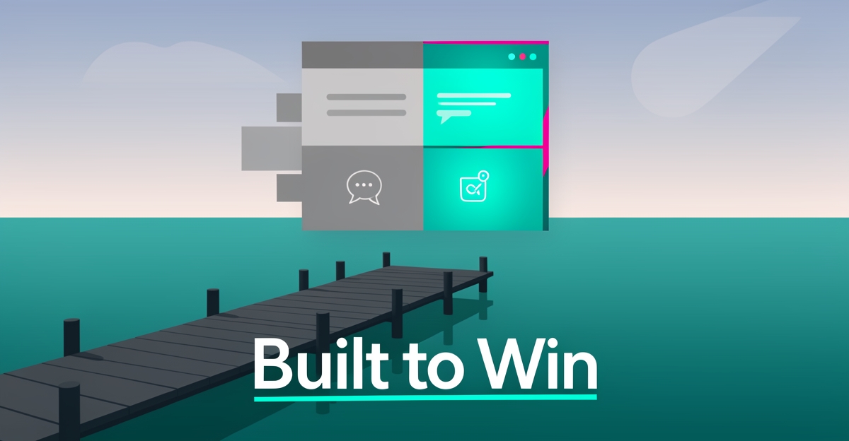 Flat illustration of a dock over teal water with a floating website interface panel, symbolizing AI-driven websites for dock builders.