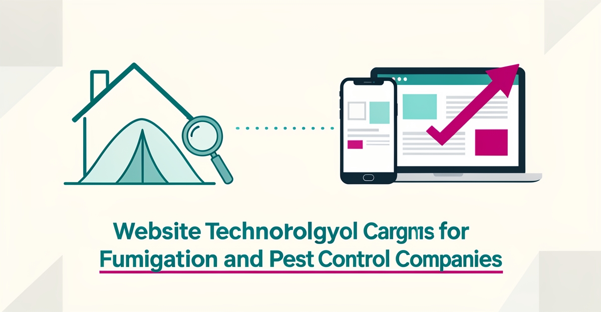 Flat illustration comparing a fumigation house icon with website devices and a rising lead arrow, teal and magenta accents, headline reading Cut Through the Noise.