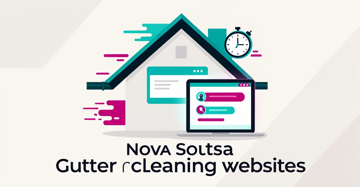 Flat illustration of a roof with gutters and a laptop showing instant lead response for Nova Scotia gutter cleaners.