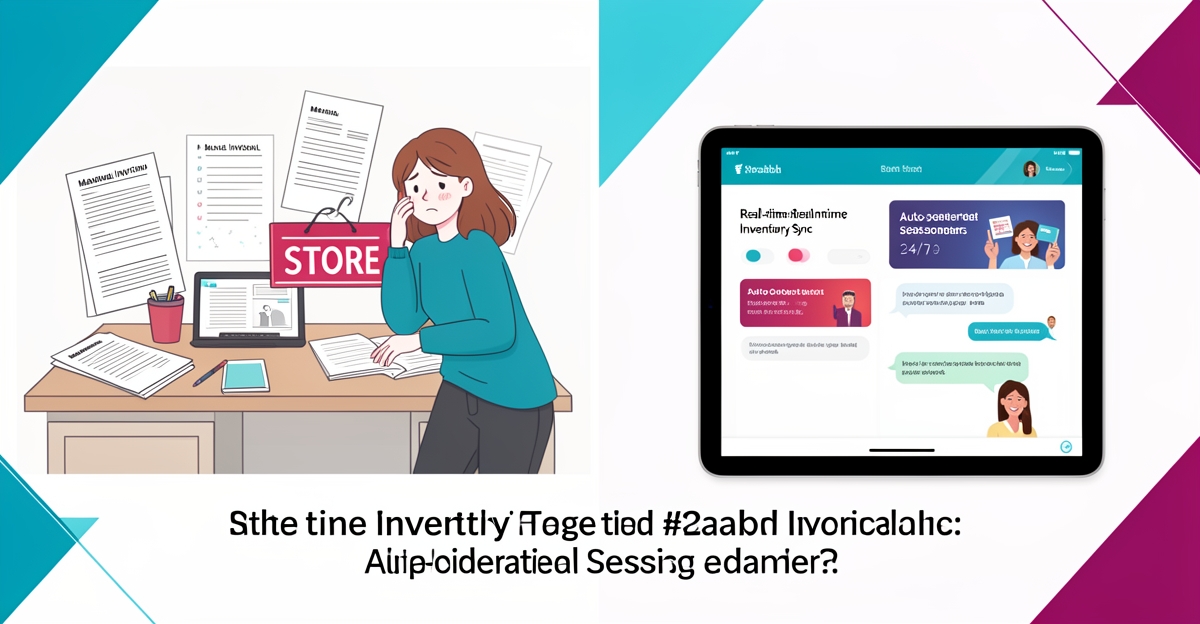 Split-screen illustration contrasting manual in-store management with AI-powered website automation for small sporting goods stores, using brand colors as accents.