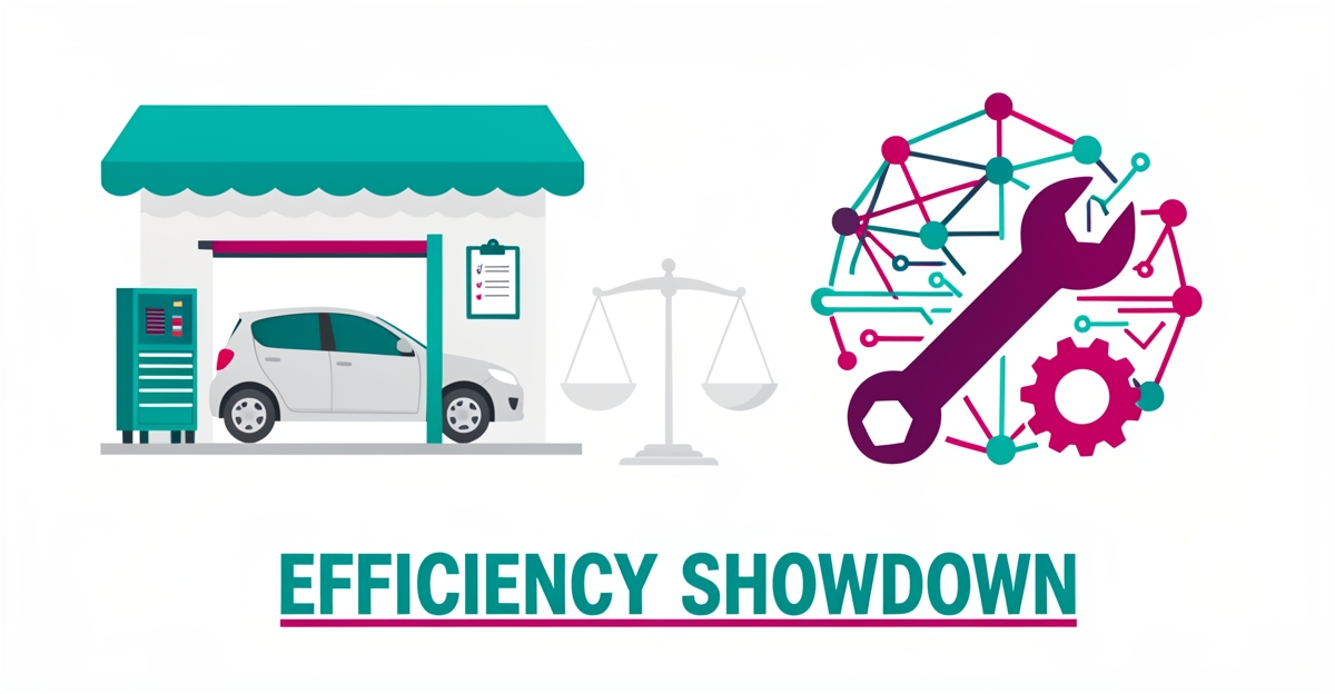 Flat illustration of an auto repair garage balanced against AI network graphics, symbolizing the efficiency showdown between in-house staff and AI automation.