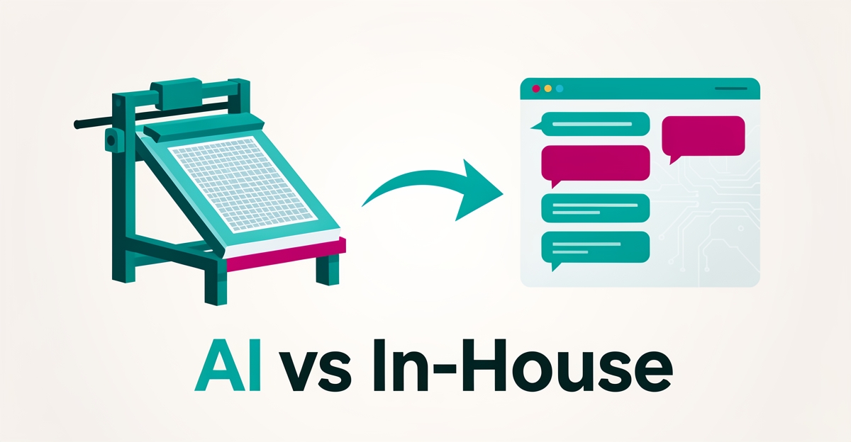 Flat illustration comparing a screen printing press and an AI chat interface, symbolizing AI versus in-house design feedback workflows in teal and magenta.