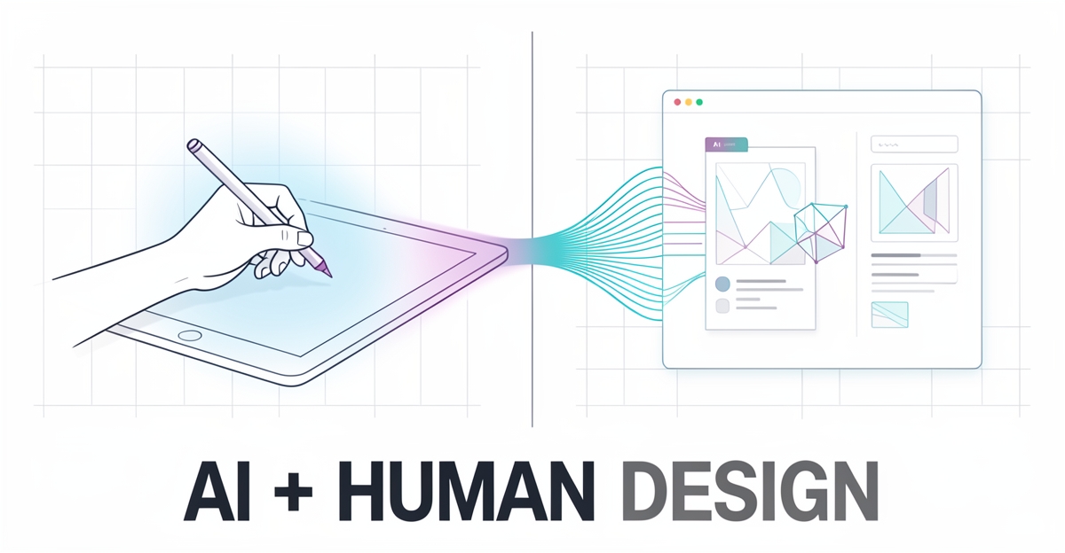 A minimalist flat illustration comparing human and AI design workflows with brand color accents, showing collaboration between hand-drawn sketch and AI-generated design, with headline 'AI + Human Design' in lower third.