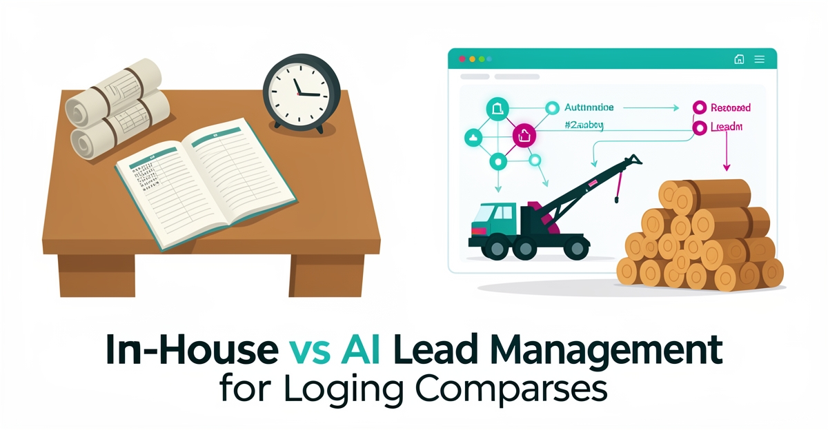 Flat illustration contrasting manual spreadsheets with AI automated lead dashboard for logging companies.