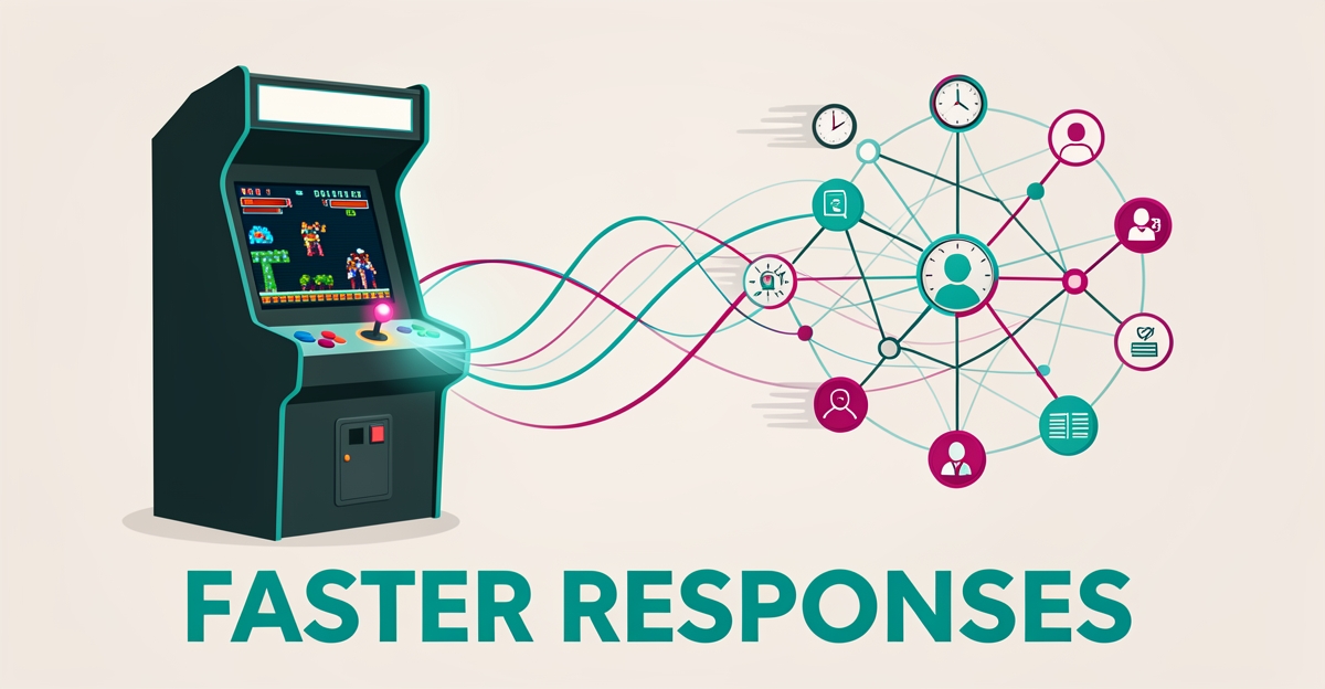 Flat illustration of an arcade cabinet connected to an AI chatbot network, symbolizing faster automated response handling for player requests.