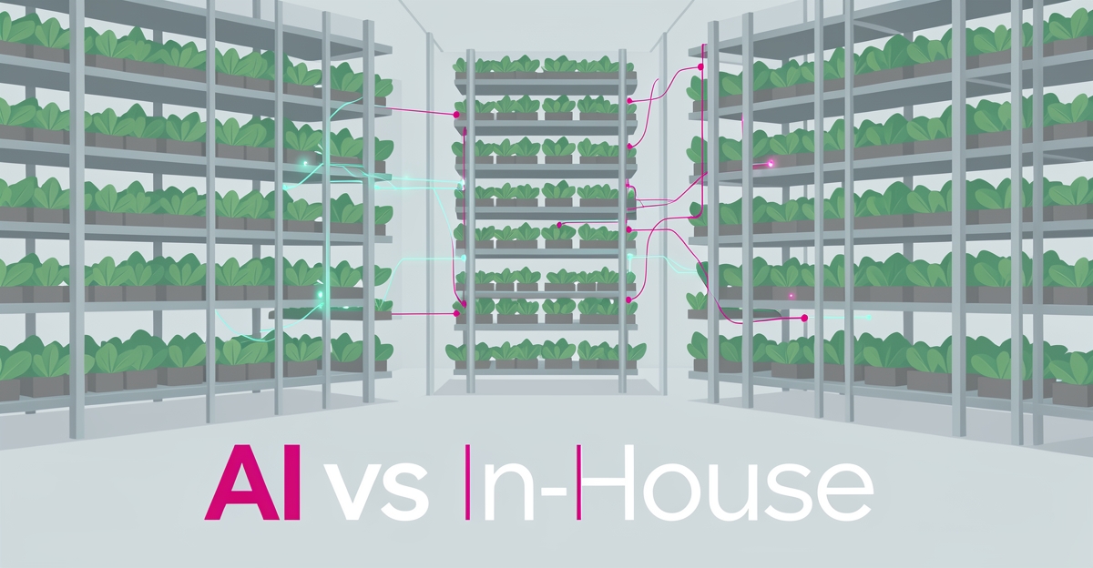 Flat illustration of a vertical farm with AI data lines connecting stacked plant racks, highlighting automated operations.