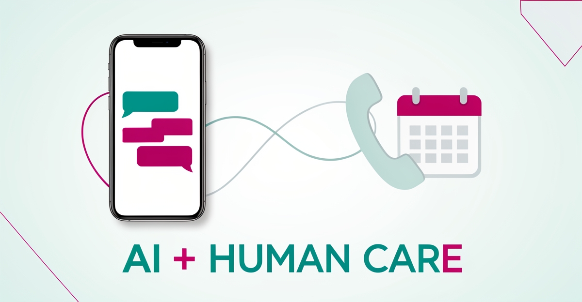 Flat illustration of a smartphone with chat bubbles connected to a handset and calendar, symbolizing hybrid AI and human patient communication, with headline AI + Human Care.