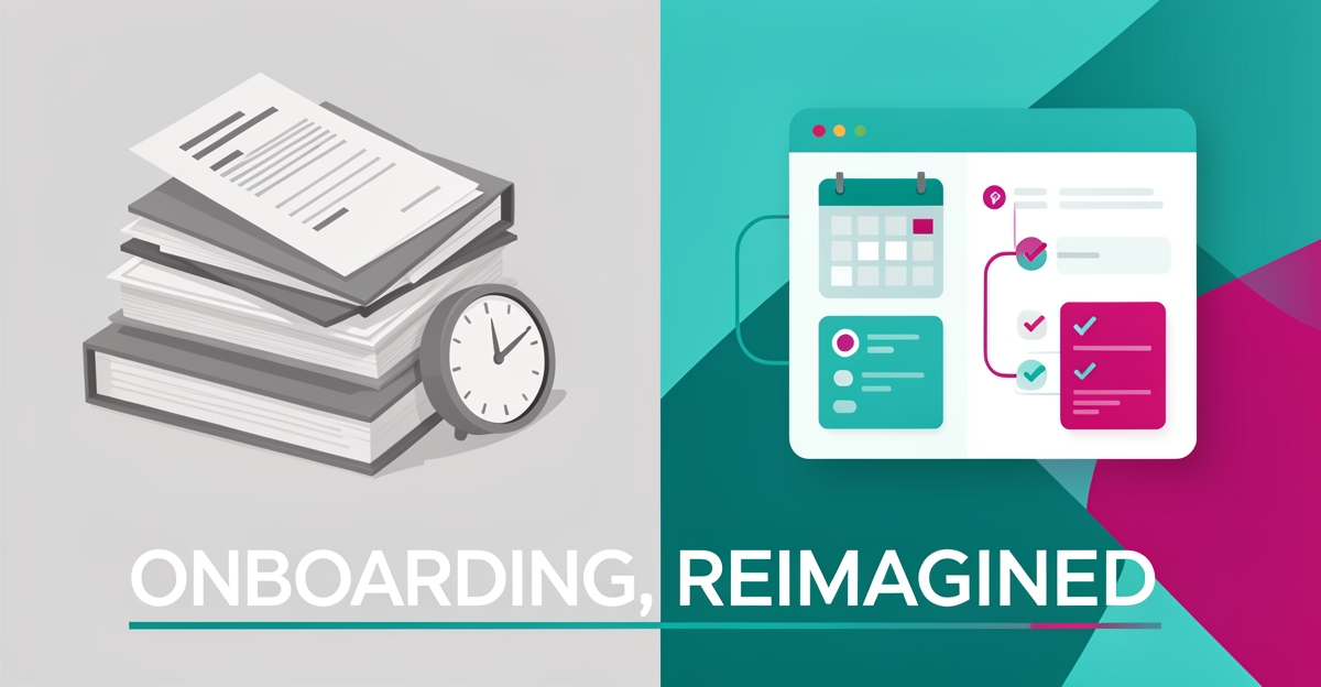Flat illustration contrasting cluttered paper intake forms with a streamlined AI digital dashboard in teal and magenta, headlined 'Onboarding, Reimagined'.