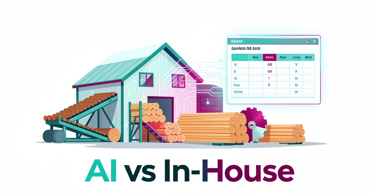 Flat illustration of a sawmill with timber and digital AI interface elements in teal and magenta, comparing AI tools versus in-house operations.