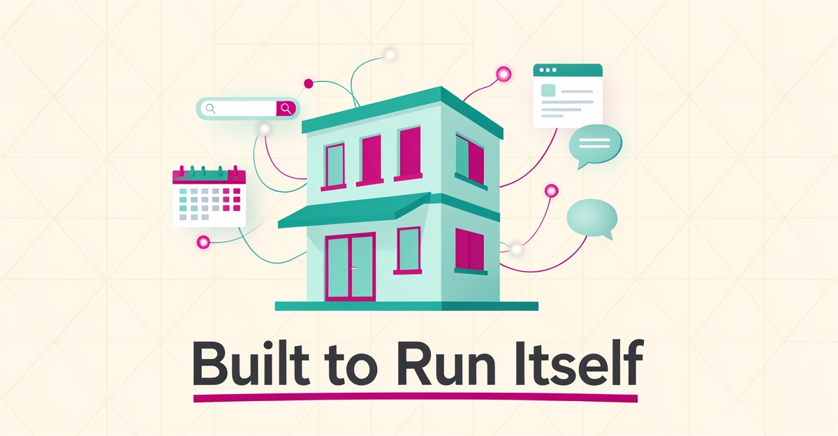 Flat illustration of a boutique hotel connected to digital booking and AI search icons in teal and magenta brand colors.