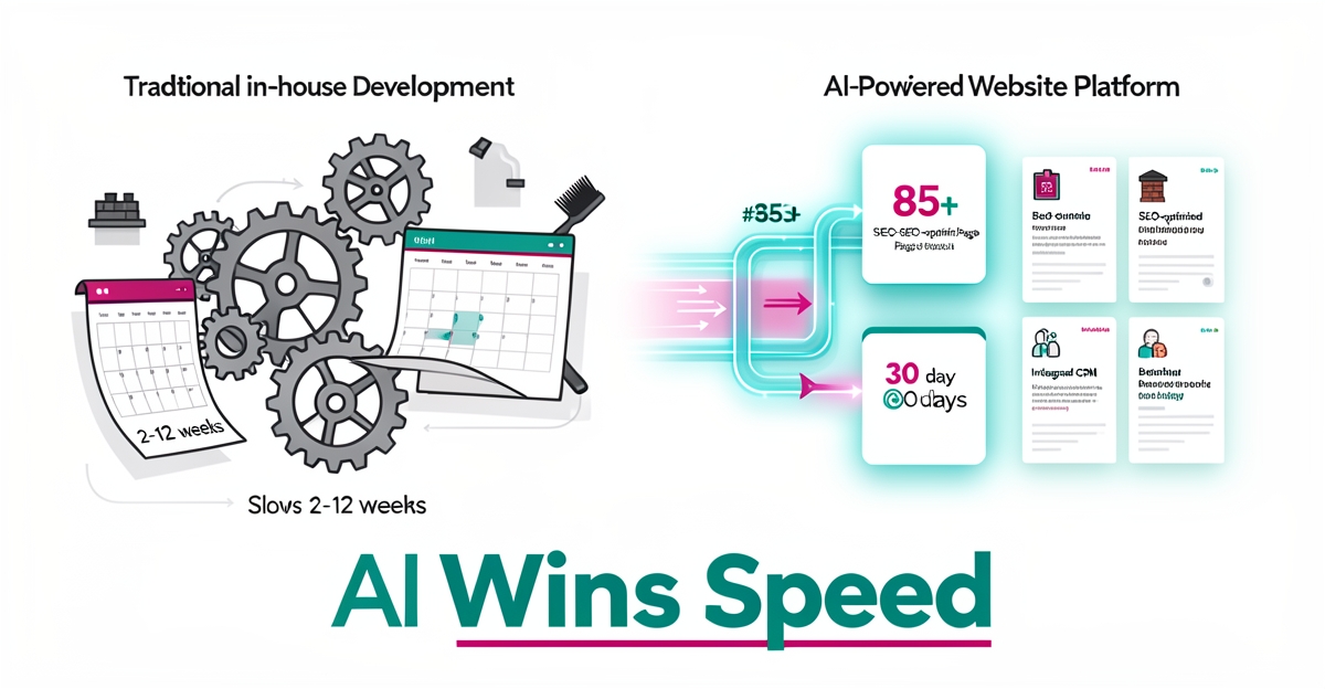 Flat illustration comparing slow in-house website gears vs fast AI pipeline generating 85 pages for chimney sweep business.