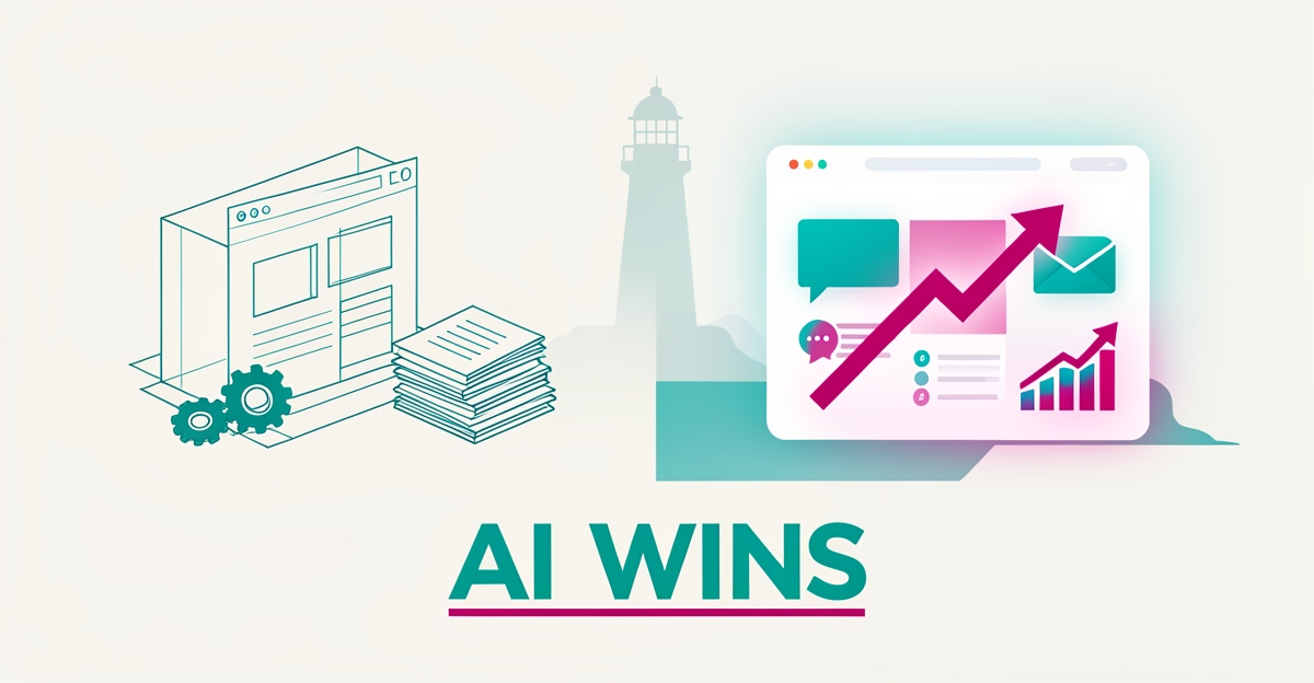 Flat illustration contrasting a manual in-house website build with an AI-powered site, headline reading AI Wins in teal.