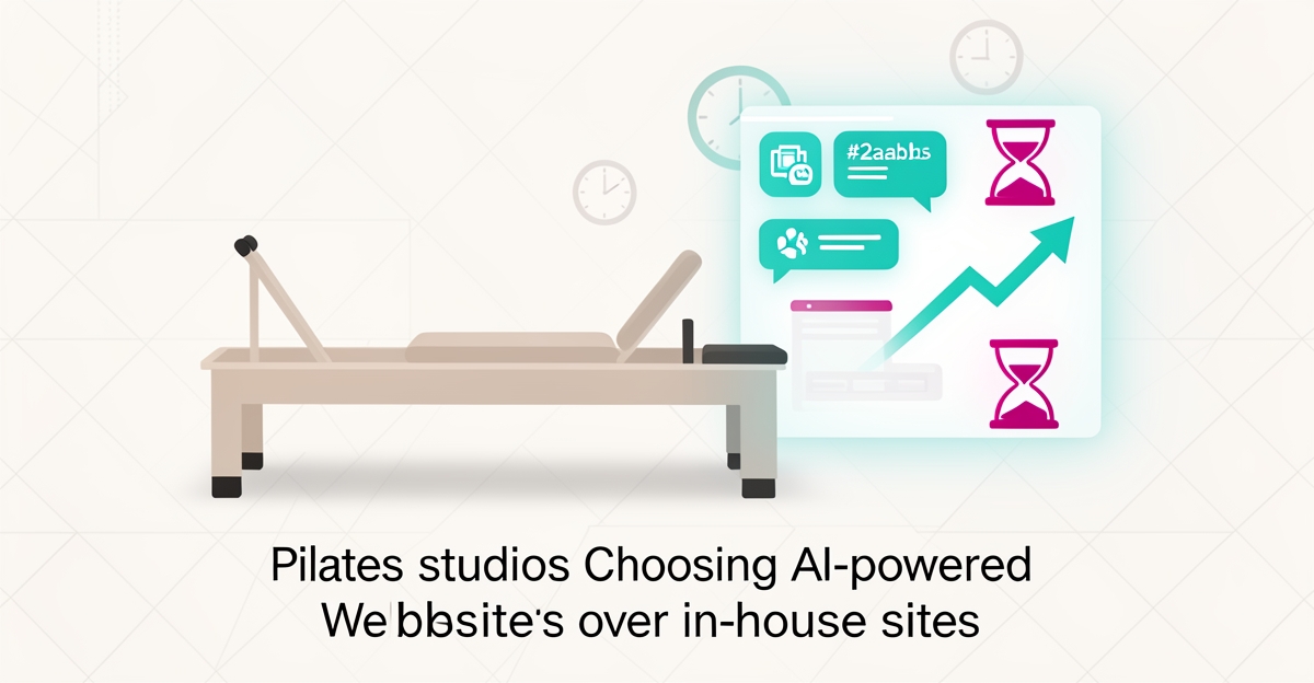 Flat illustration comparing in-house Pilates studio website with AI-powered automated booking and lead capture system.