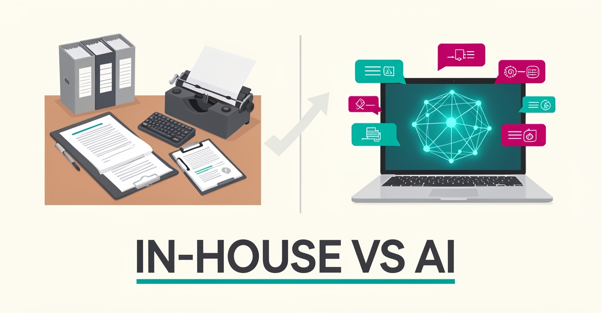 Flat illustration comparing a traditional paper-based desk workflow with an AI-powered laptop platform, accented in teal and magenta, with the headline In-House vs AI.