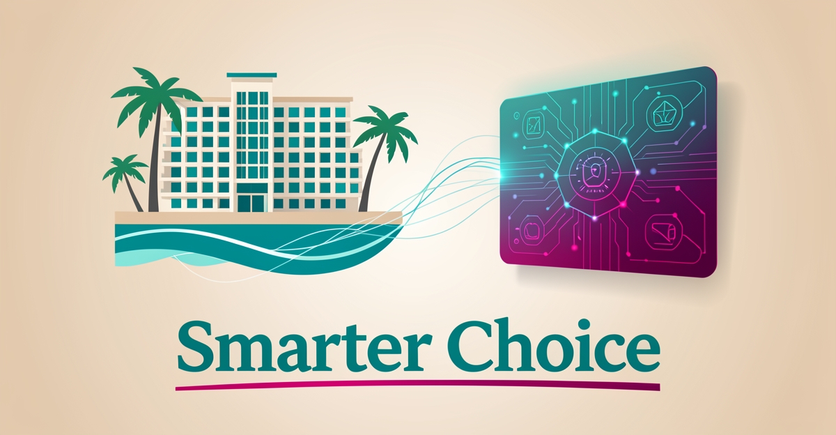 Flat illustration of a timeshare resort beside a glowing AI automation panel, symbolizing AI-powered websites over in-house development.