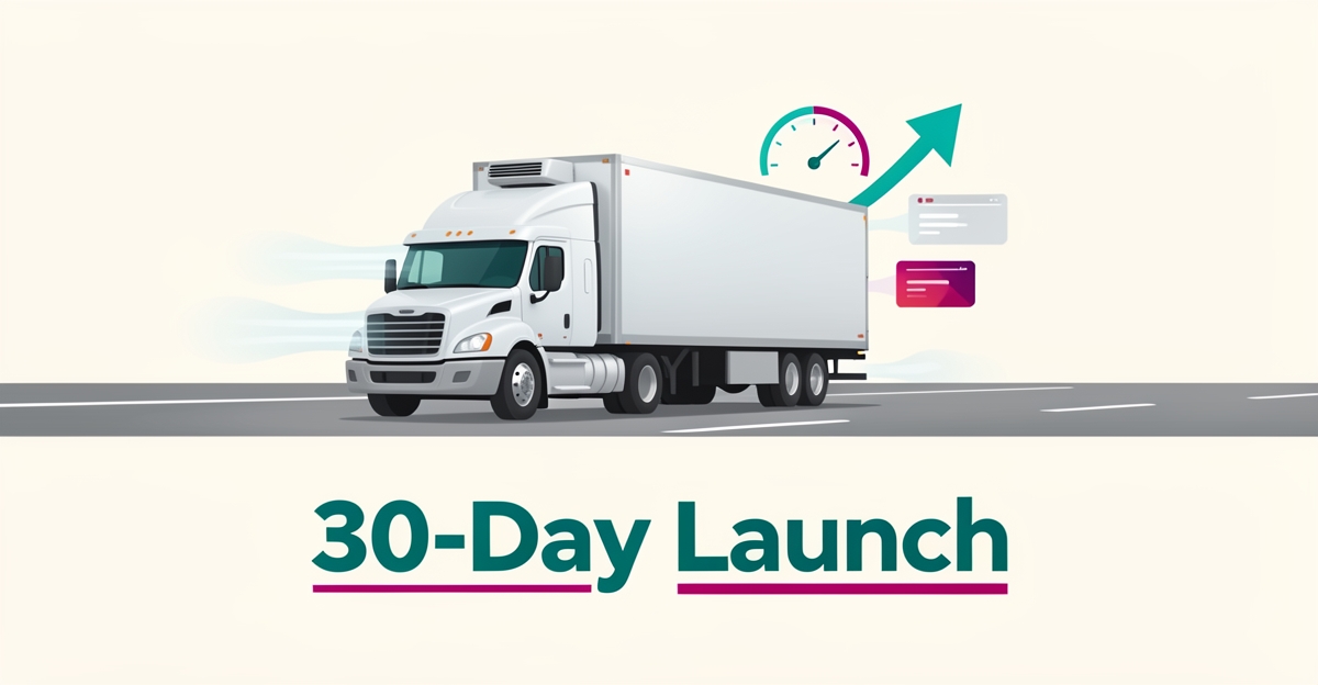 Flat illustration of a refrigerated truck with digital launch graphics and a 30-Day Launch headline in teal and magenta.
