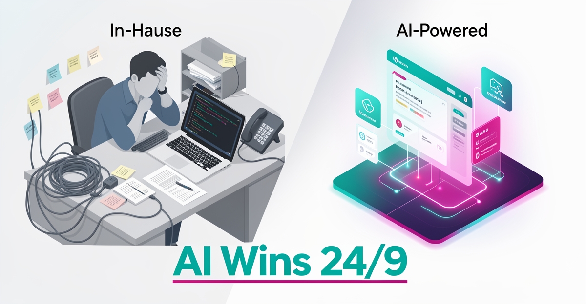 Flat illustration split between chaotic in-house web management and streamlined AI-powered automation for computer repair shops, with teal and magenta accents.