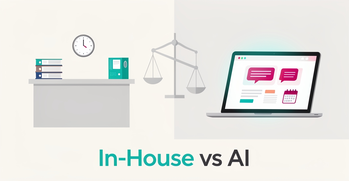 Flat illustration comparing a paper-heavy clinic desk with a streamlined AI-powered website interface, accented in teal and magenta.