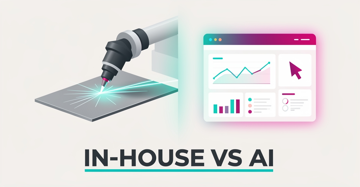 Flat illustration comparing a waterjet cutting machine with an AI-powered website interface, accented in teal and magenta.