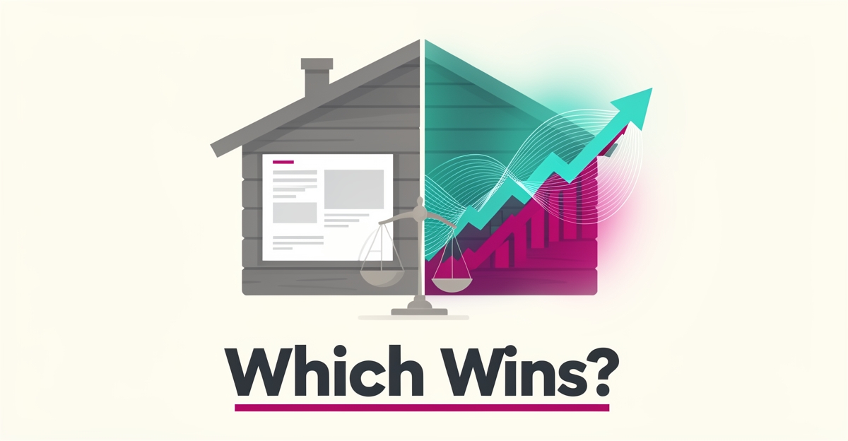 Flat illustration comparing a basic cabin rental website with an AI-powered site, split by a balance scale with teal and magenta accents.