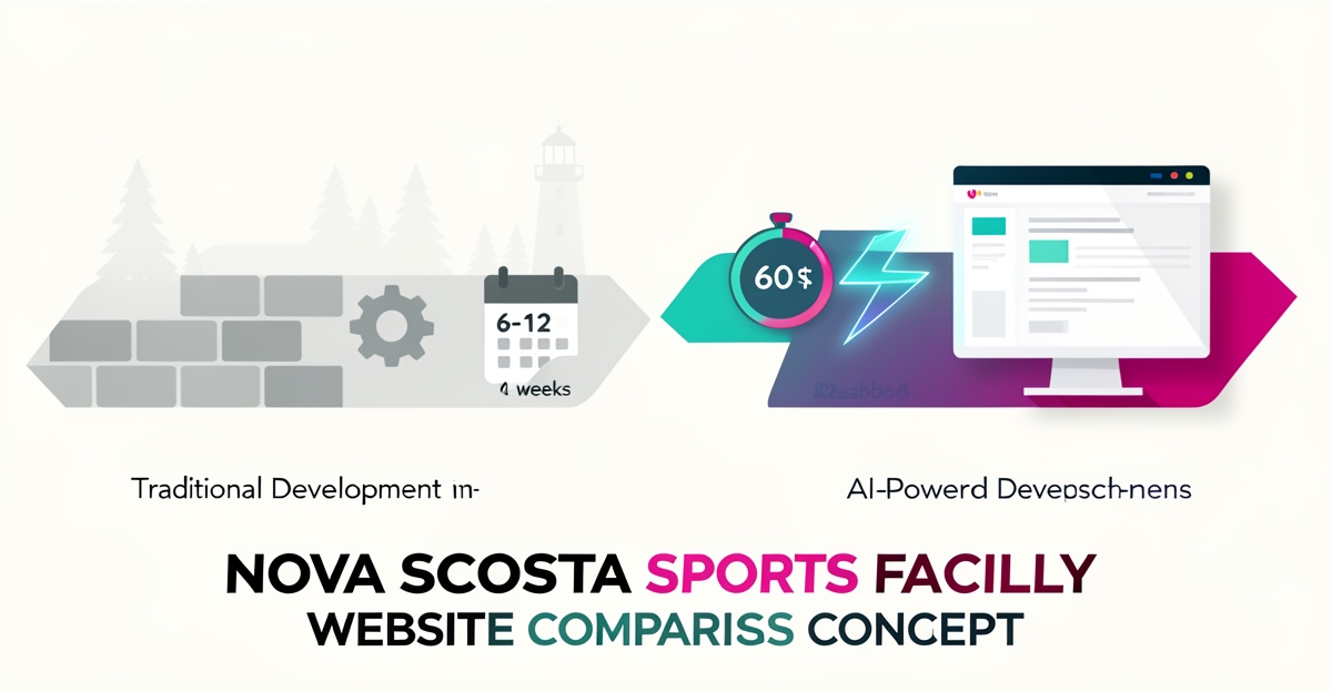Flat illustration comparing slow in-house website development with fast AI-powered site creation for Nova Scotia sports facilities.